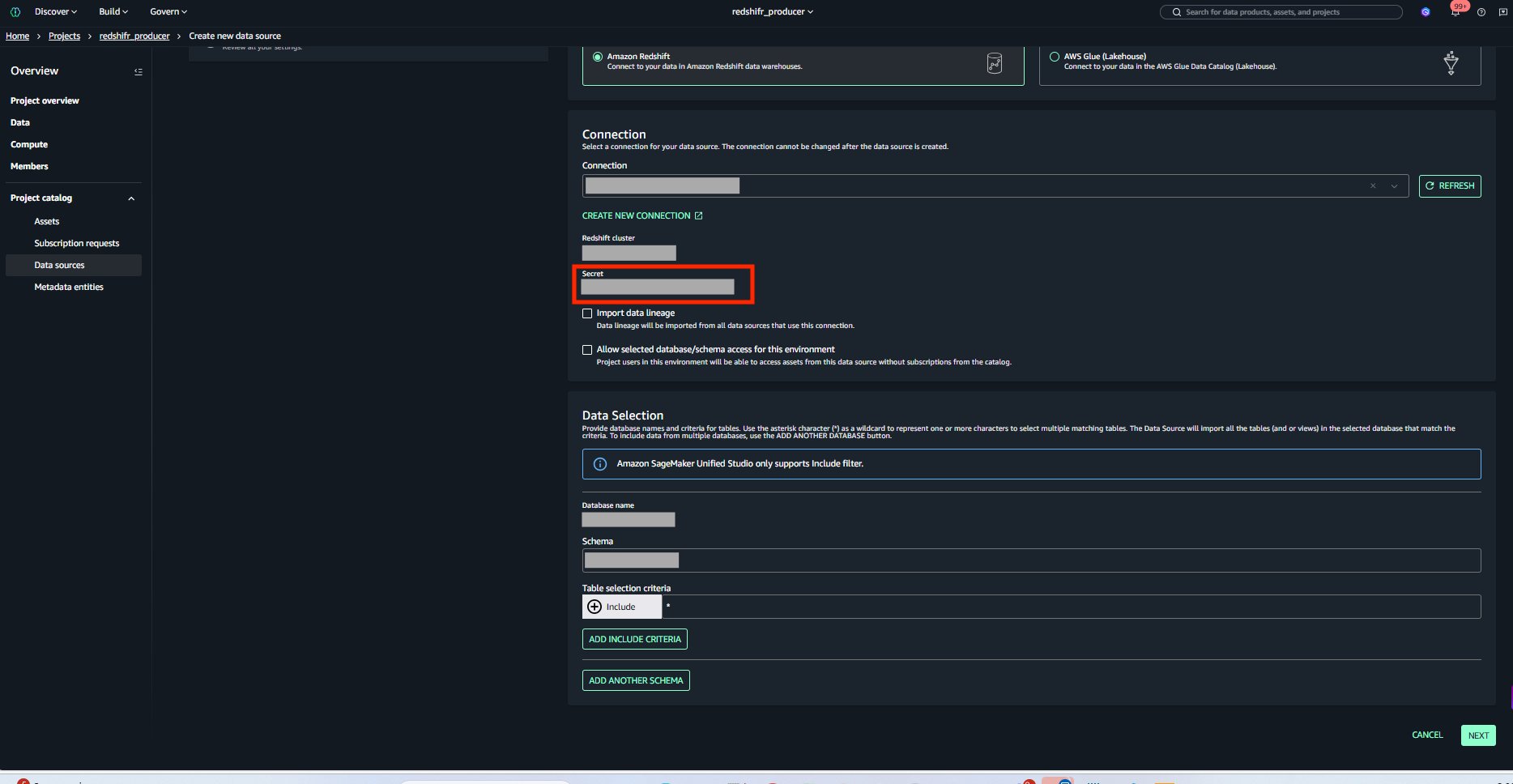 Amazon Redshift data source configuration in Amazon SageMaker Unified Studio