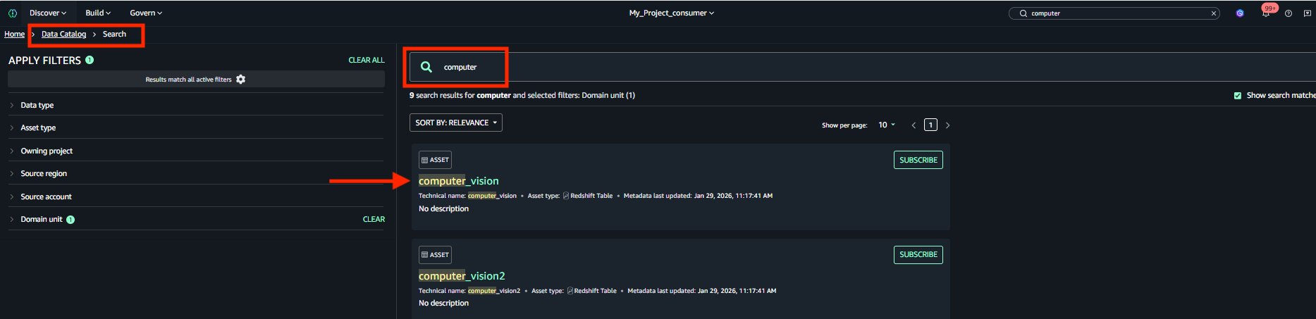 Data discovery view in the Amazon SageMaker Unified Studio portal