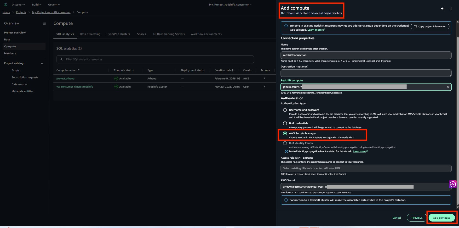 Consumer Amazon Redshift cluster added as compute in Amazon SageMaker Unified Studio