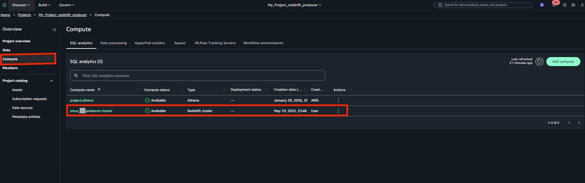 Consumer Amazon Redshift cluster showing an Available state