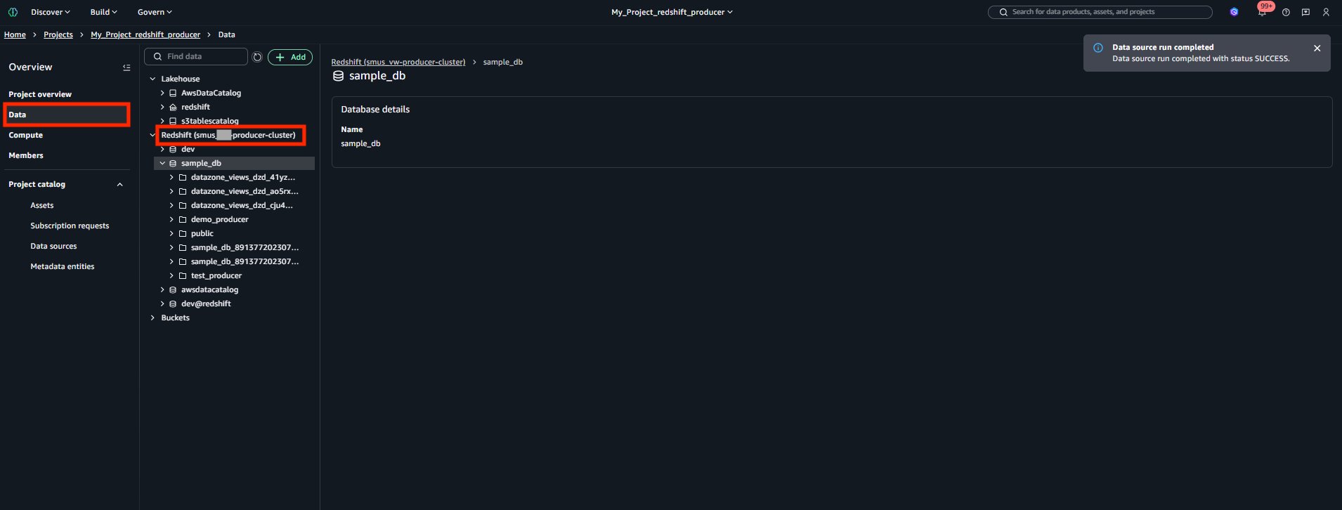 Data section showing Amazon Redshift tables and views available to query
