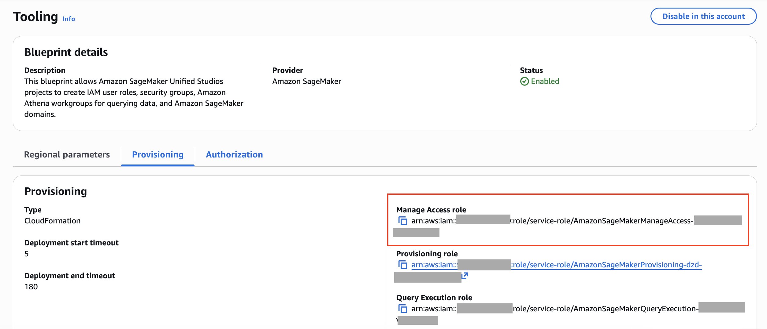 Provisioning tab showing the Manage Access role for the Tooling blueprint