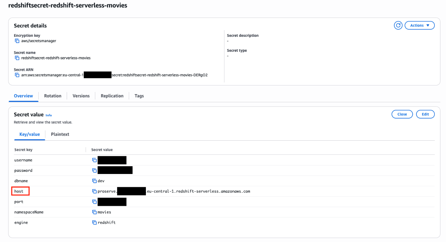 AWS Secrets Manager secret showing the host pointing to the Serverless endpoint