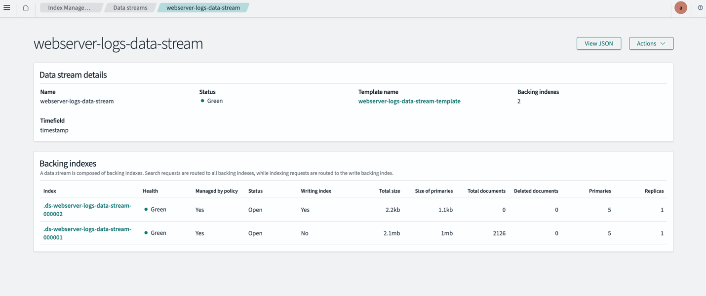 OpenSearch Dashboards Index Management page showing the webserver-logs-data-stream and its backing indices