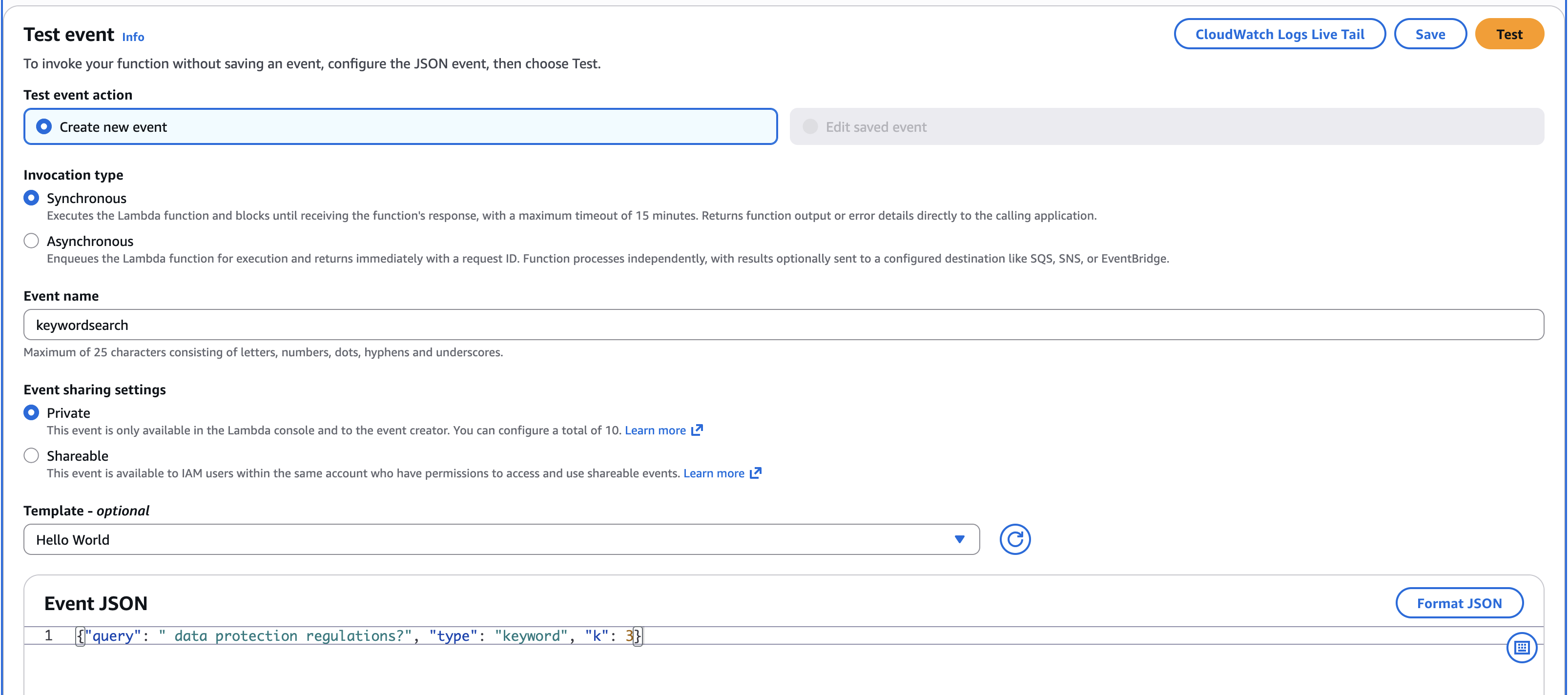 Lambda console Test tab with the keyword search query entered in the Event JSON field