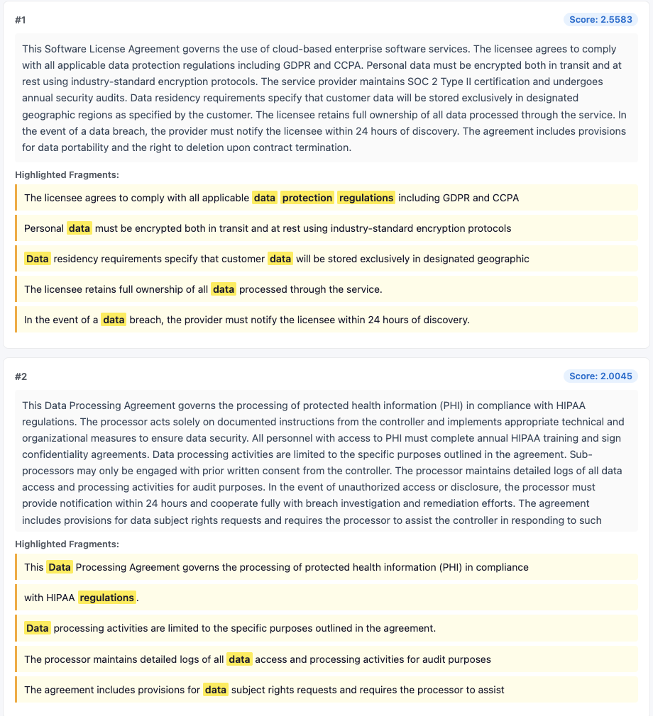 Highlight viewer showing only individual keywords highlighted in the keyword search results
