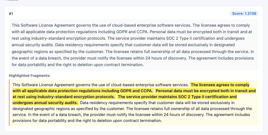 Highlight viewer showing entire relevant clauses highlighted in the neural search results