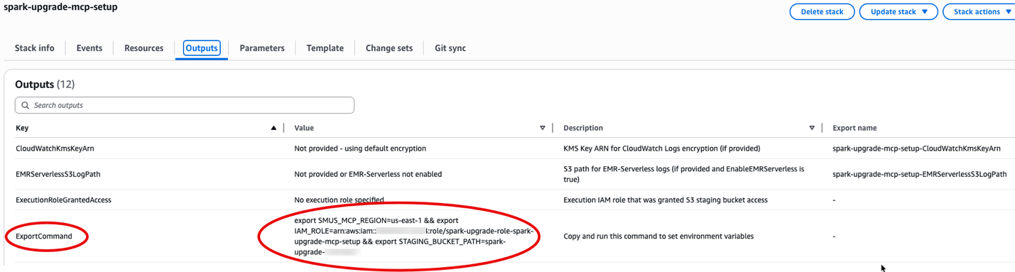 AWS CloudFormation console Outputs tab with the ExportCommand value ready to copy