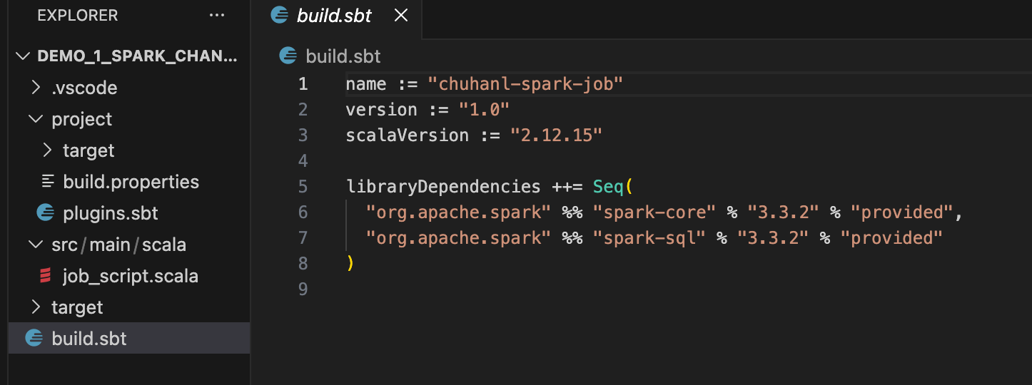 IDE file tree showing the project layout with build.sbt, the project folder, and the Scala source file
