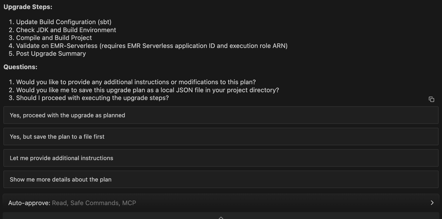 Agent output listing the detected Spark 3.3 and Scala 2.12 versions and the generated upgrade plan