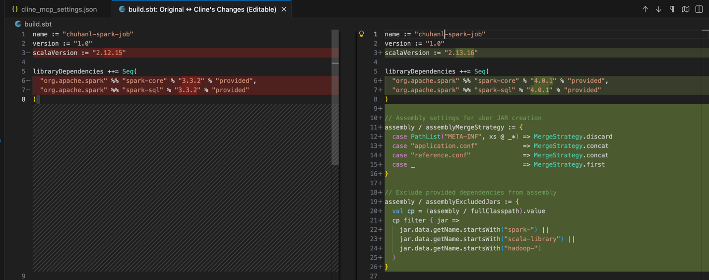 Agent output showing the build.sbt dependency changes from Spark 3.3 to Spark 4.0.1