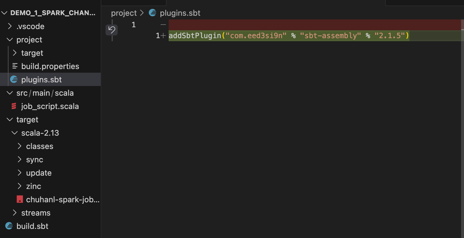 The updated build.sbt and plugins.sbt files open in the editor after the configuration changes
