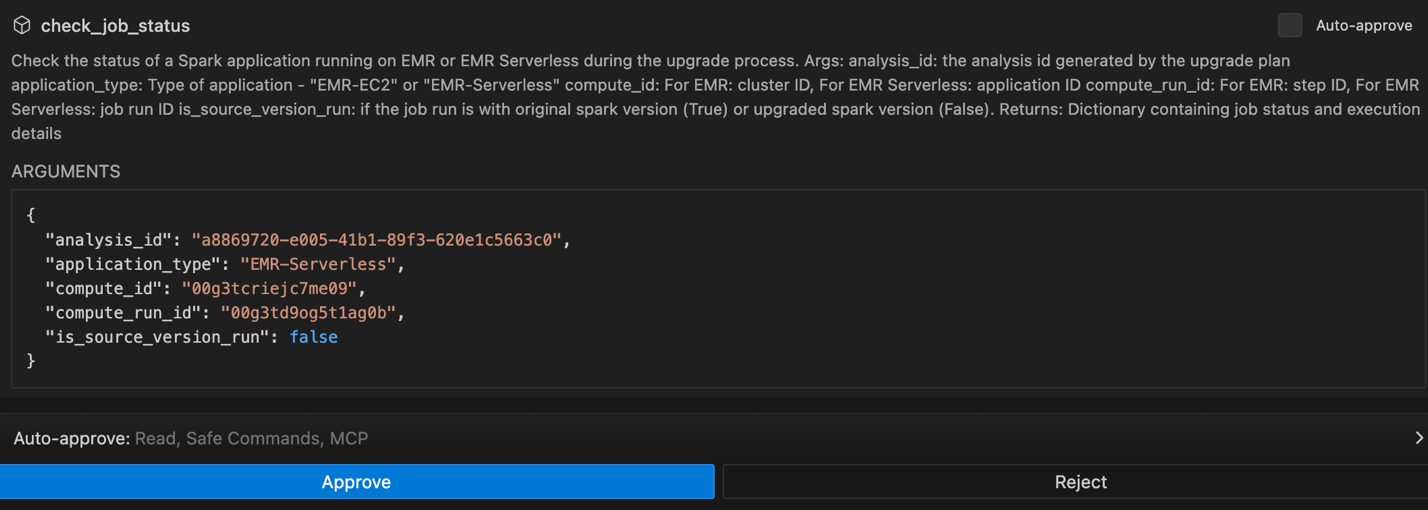 Agent output showing the Amazon EMR Serverless validation job completing with a success status