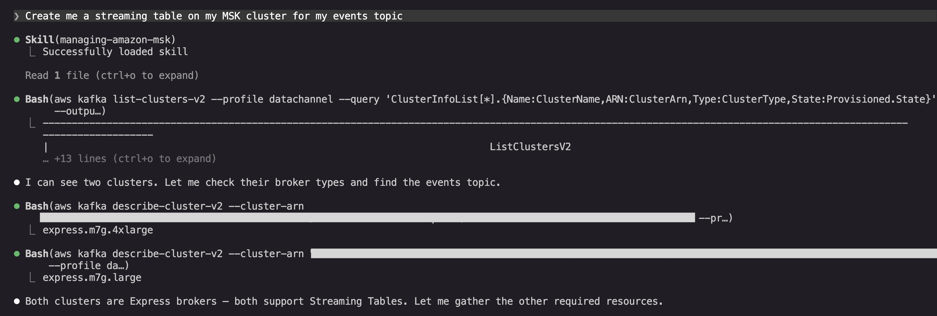 Agent chat showing the prompt to create a streaming table on an MSK cluster for the events topic