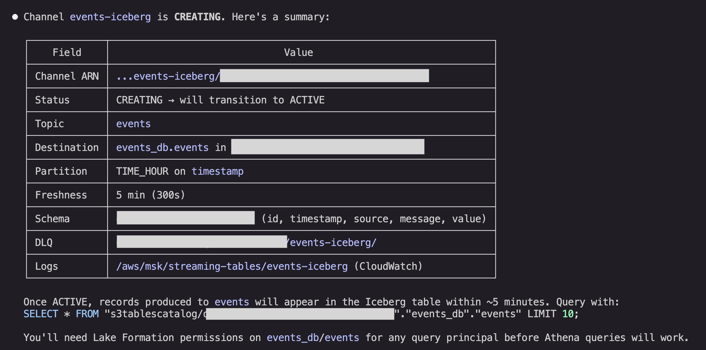 Agent summarizing integration status and offering to set up Lake Formation permissions or configure S3 Tables maintenance