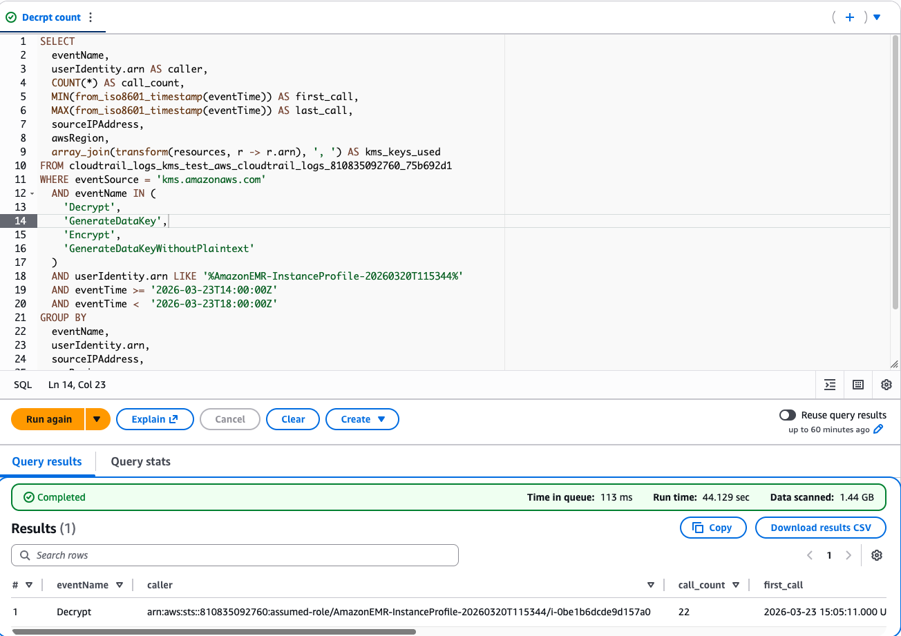 Amazon Athena console displaying CloudTrail log query results with a KMS Decrypt API call events triggered during the baseline Spark job reading unoptimized CSV files from S3