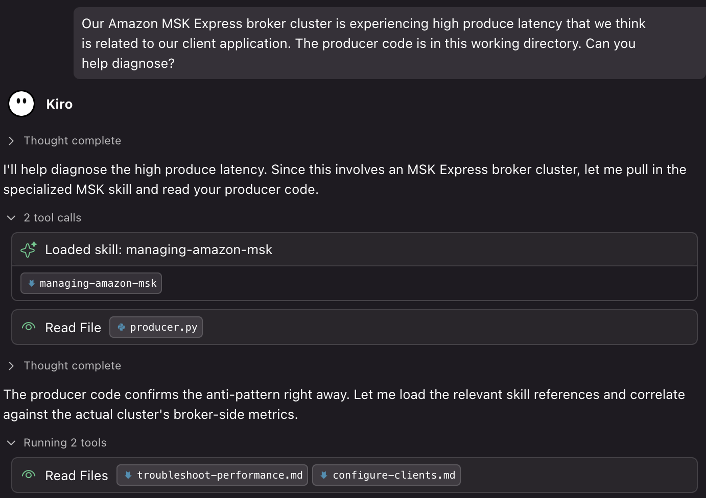 AI assistant recognizing the latency question and activating the managing-amazon-msk skill