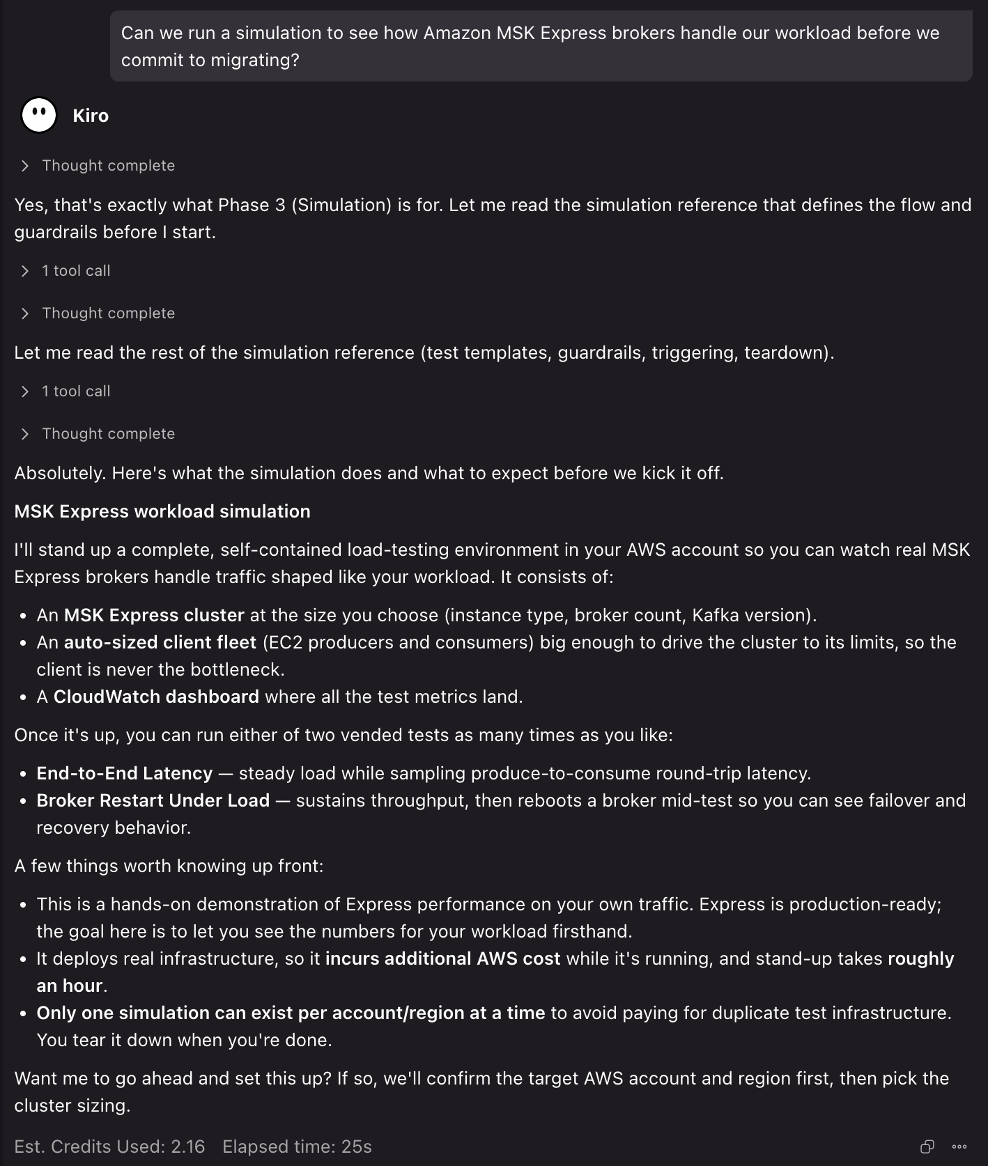 Skill outlining the temporary Amazon MSK Express and Amazon EC2 simulation before deployment