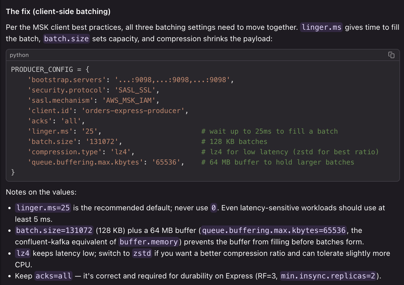 Skill’s targeted fix for the linger.ms, batch.size, and compression.type client anti-patterns
