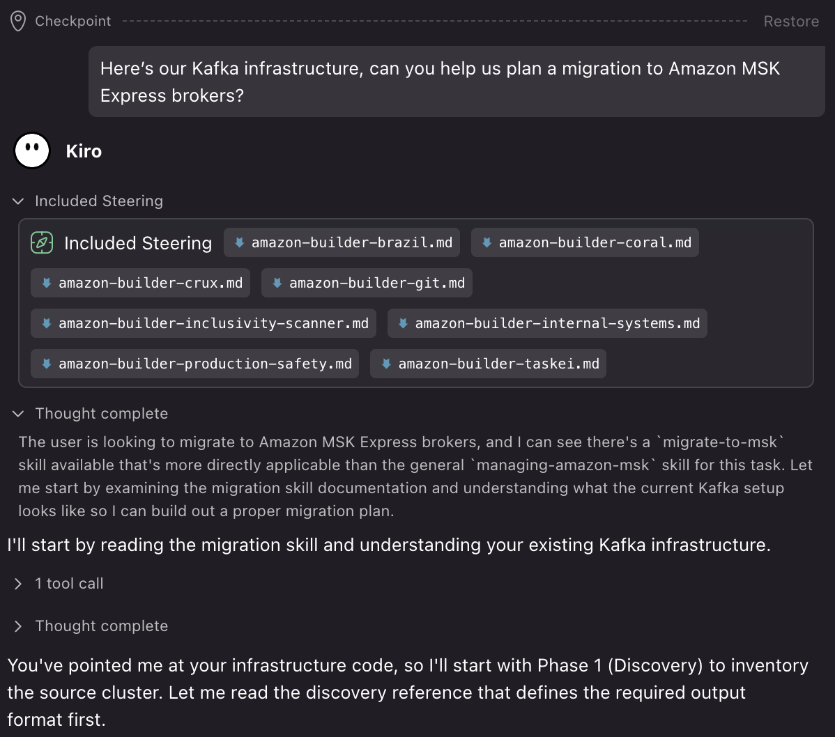 migrate-to-msk skill starting the discovery phase against the source Kafka infrastructure