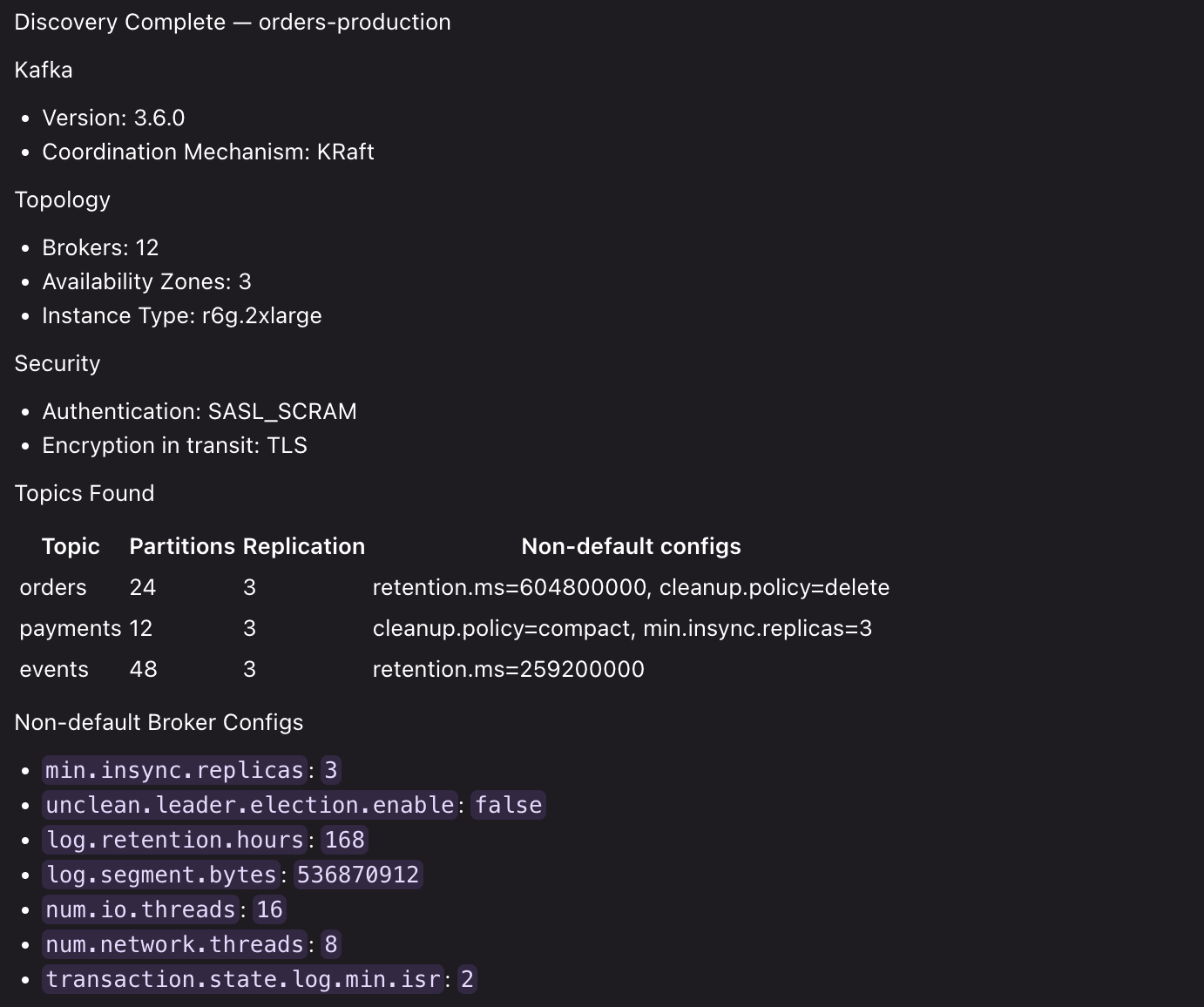 Skill extracting broker topology, versions, security, and topics from the IaC files