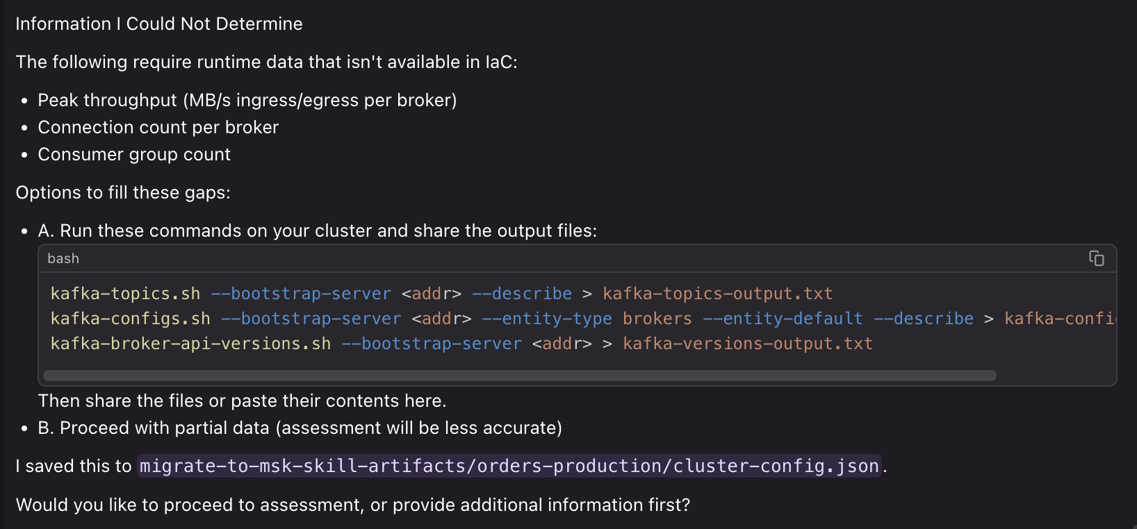 Skill listing runtime-value gaps and the Kafka CLI commands to capture them