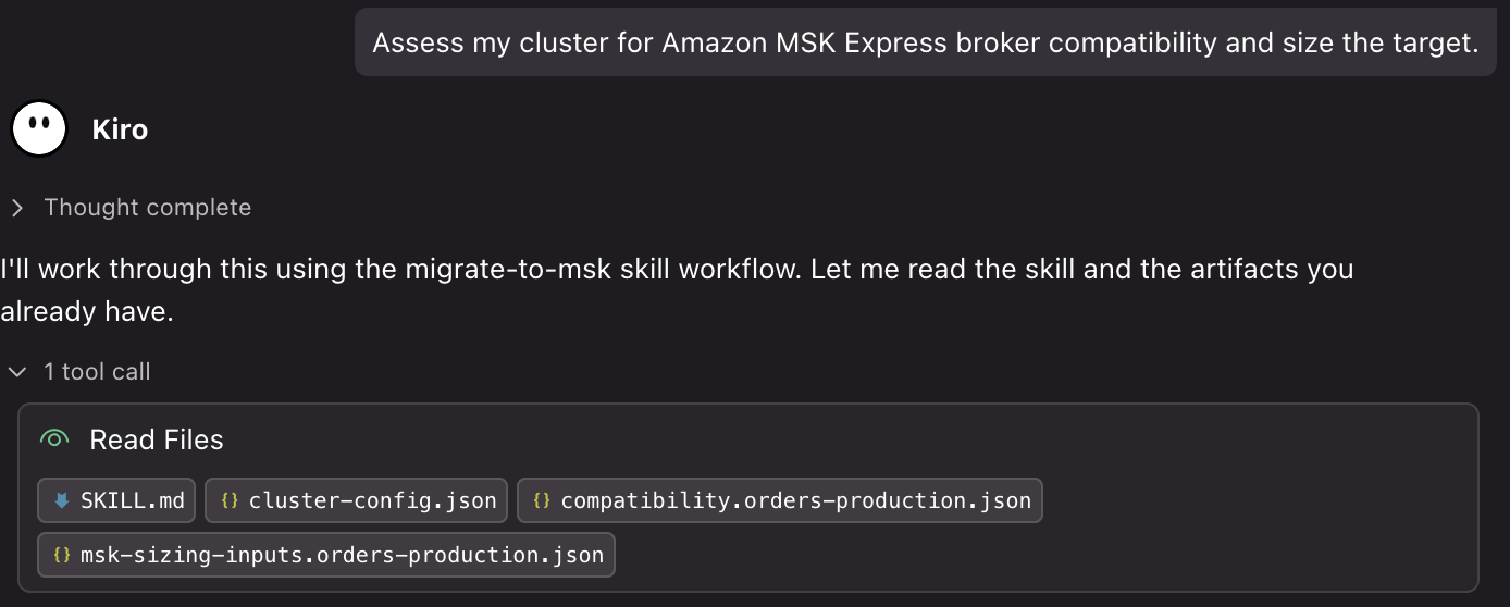Skill running the compatibility assessment and target sizing for Amazon MSK Express brokers