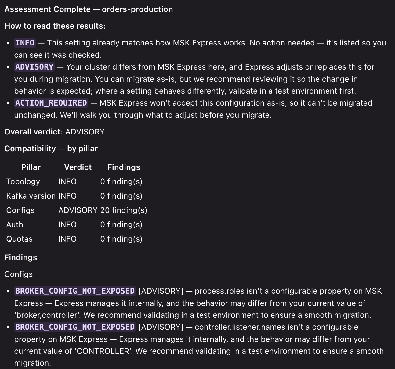Assessment output with the compatibility report, sizing inputs, and sizing outputs