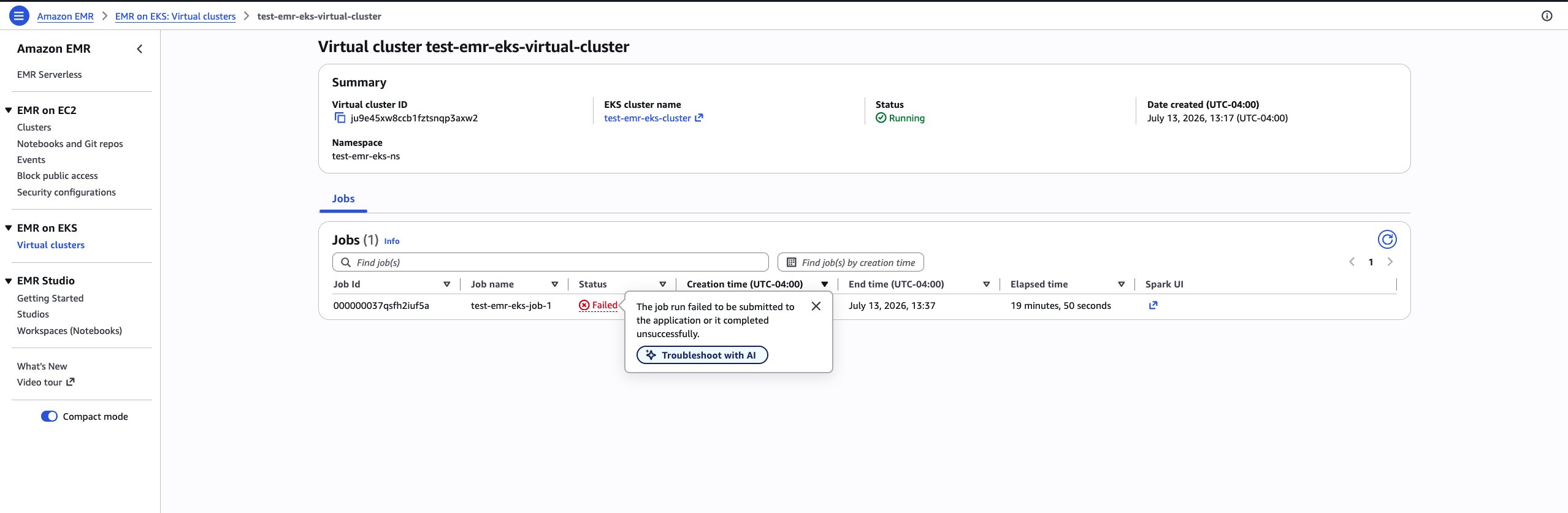 The failed job run popover in the Amazon EMR console with the Troubleshoot with AI button