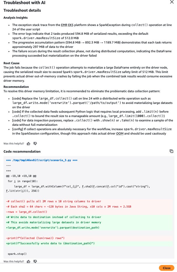 Agent results in the console showing the root cause and a before-and-after code recommendation for the collect() failure