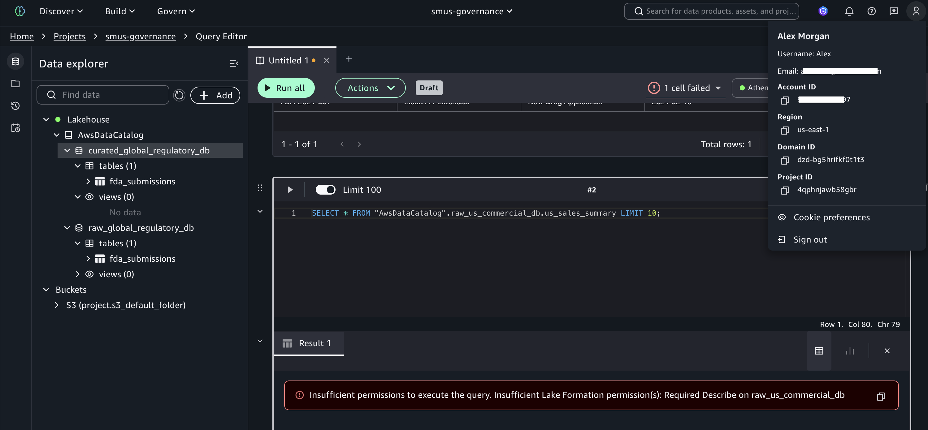 Access denied error when Alex queries us_sales_summary