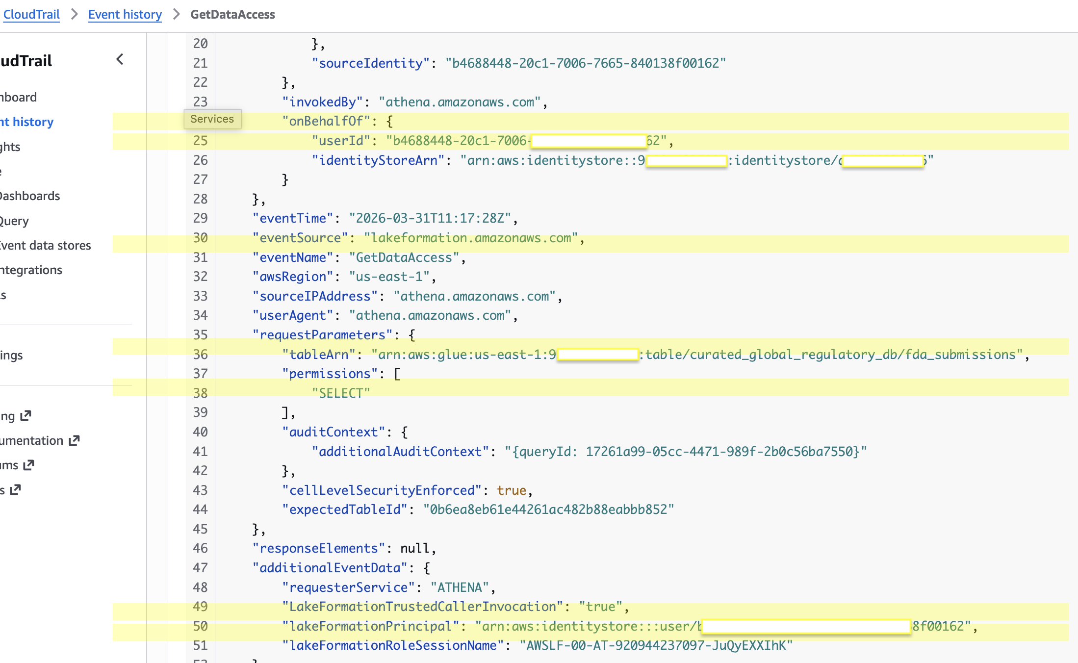 CloudTrail GetDataAccess event showing Identity Center user identity and table access details