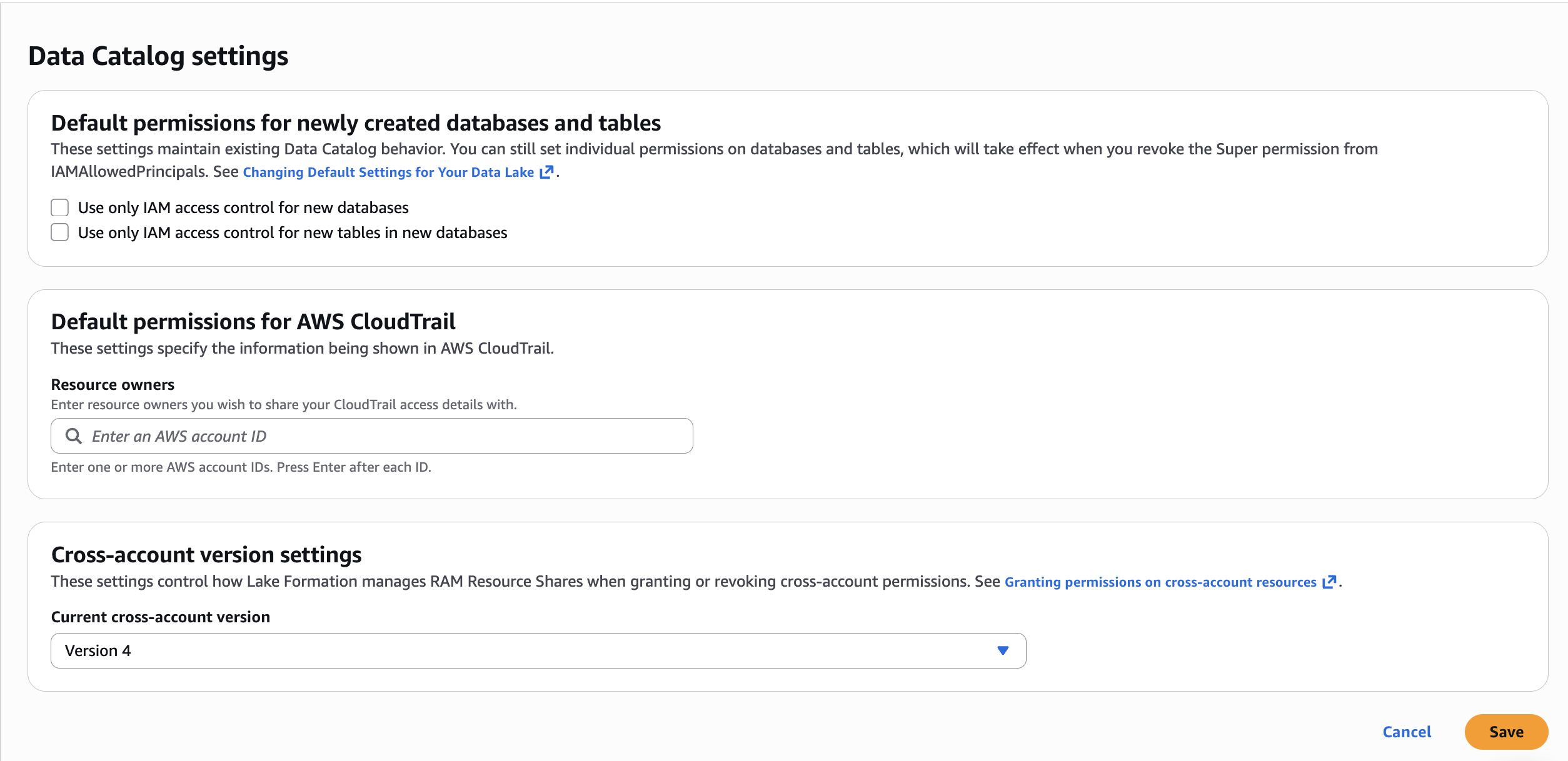 Lake Formation Data Catalog settings with both IAM-only access control checkboxes cleared