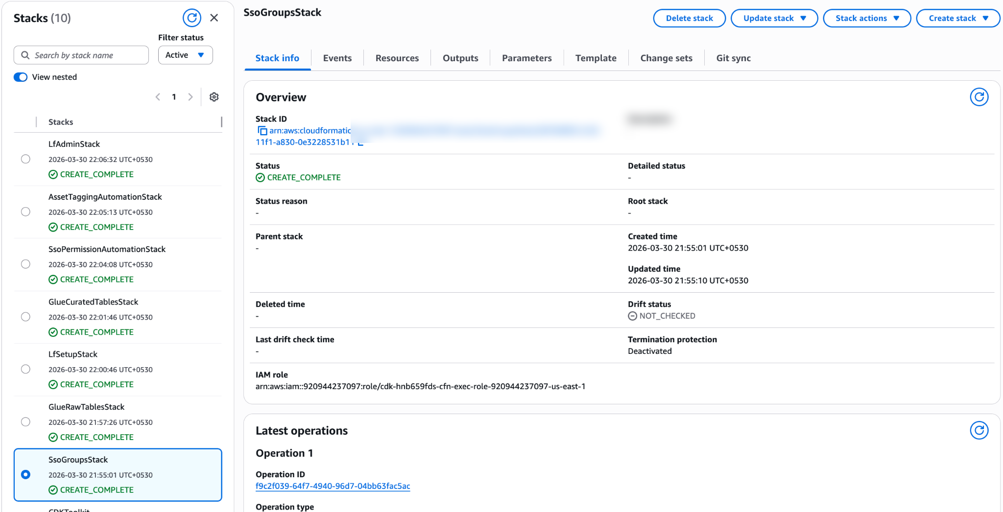 CloudFormation console showing all seven CDK stacks in CREATE_COMPLETE status