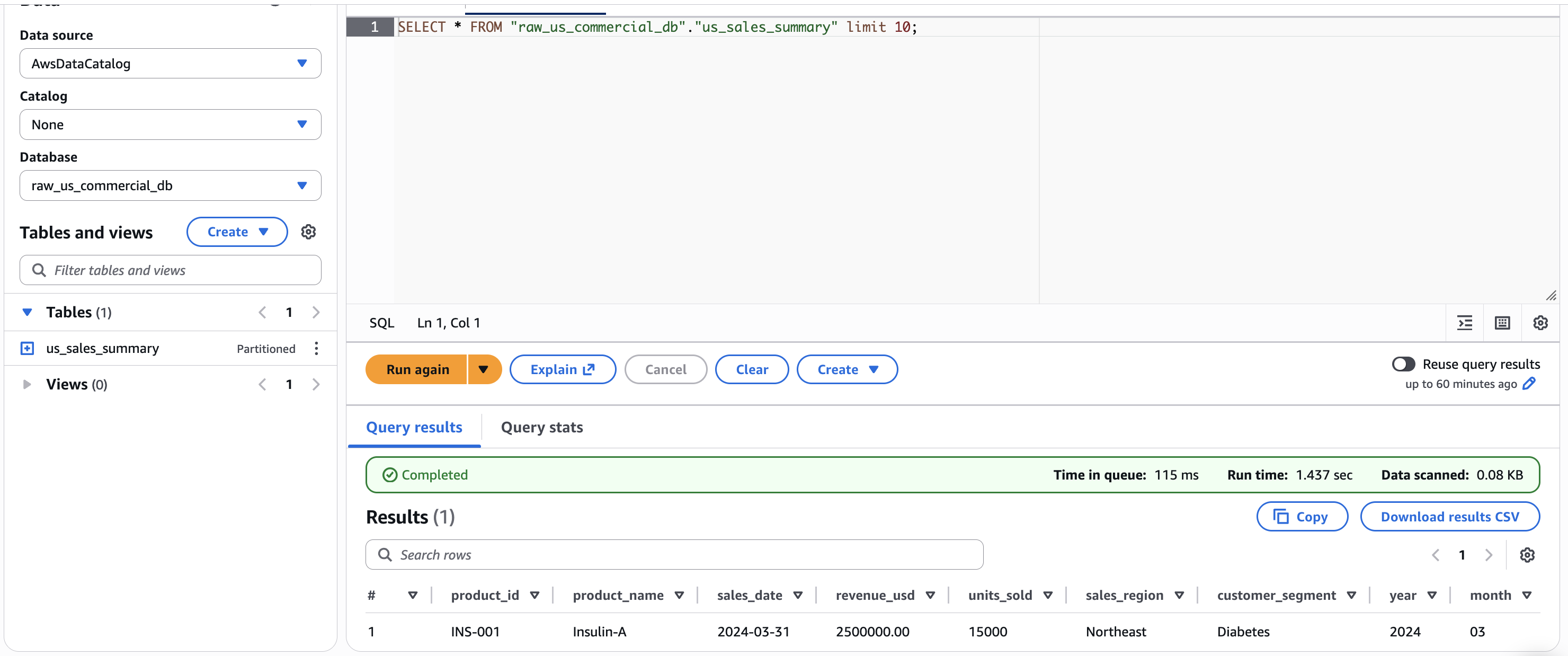Athena query results showing sample commercial rows from the us_sales_summary table
