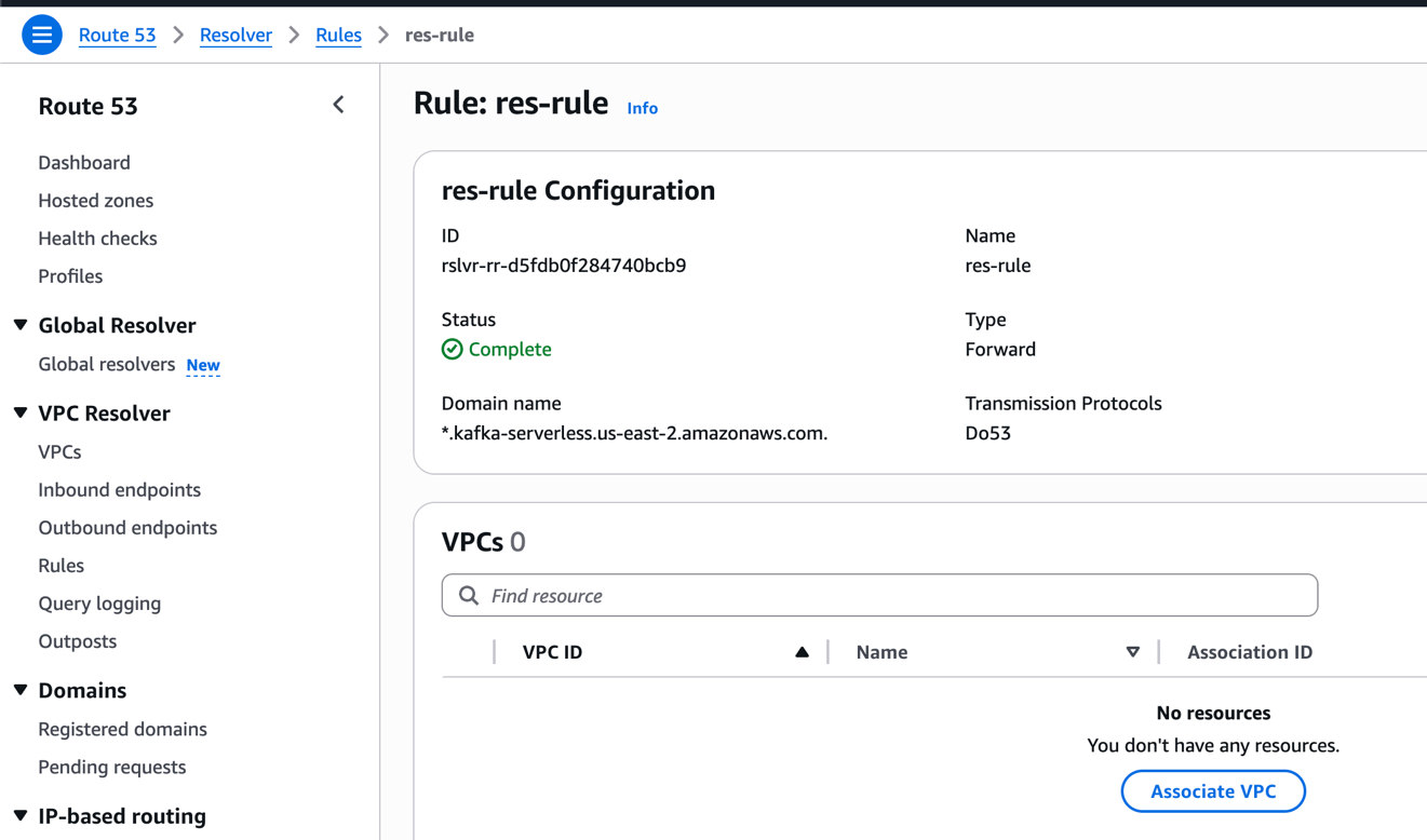 Amazon Route 53 Resolver rule for the kafka-serverless domain created in the central account