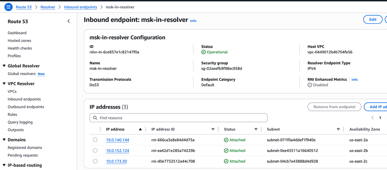Route 53 Resolver forward rule configuration with an outbound endpoint pointing to the inbound endpoint