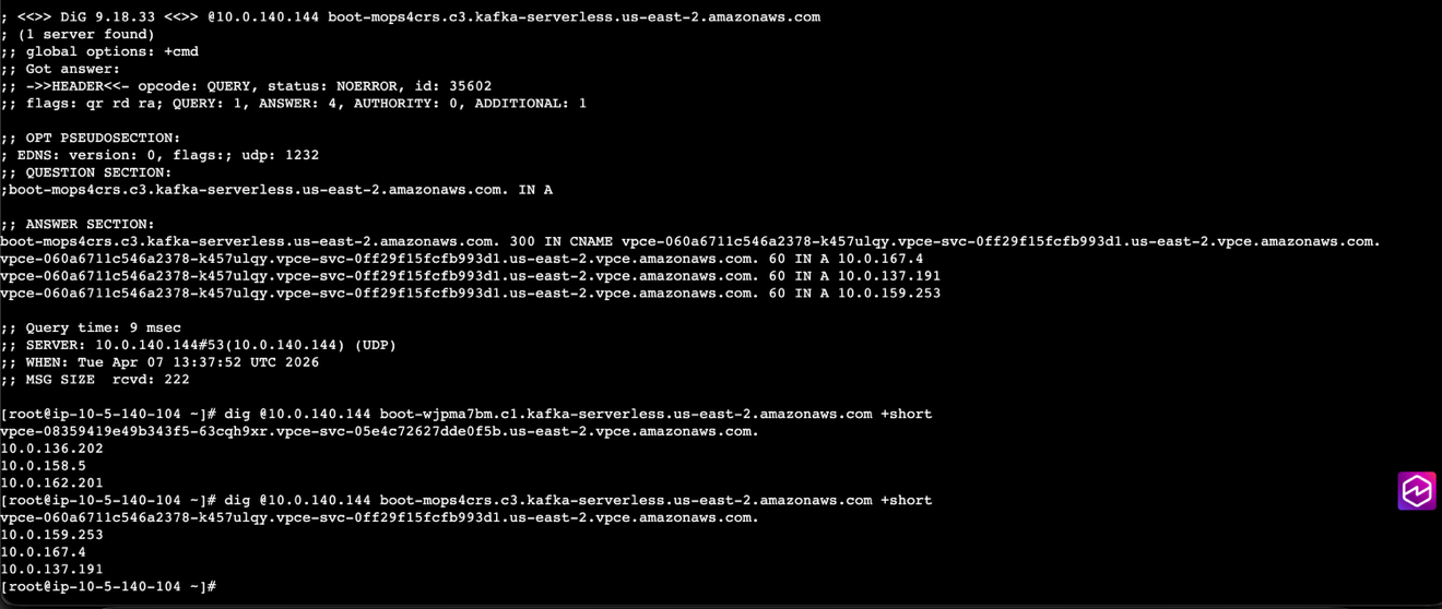Terminal output of the dig command resolving two MSK Serverless bootstrap strings to broker IP addresses across accounts