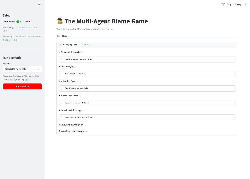 Streamlit demo app showing a pipeline run with agent panels, claims, and blame verdict.