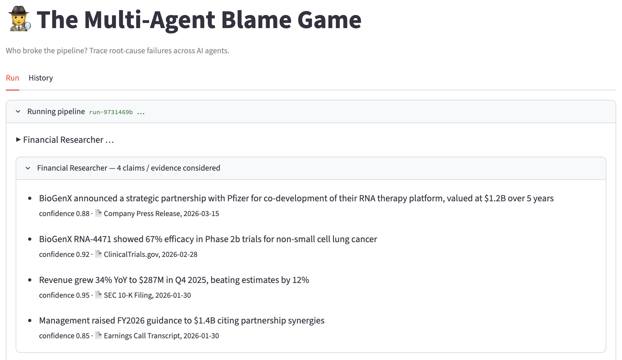 Streamlit app detail: Financial Researcher claims expanded with confidence scores and sources.