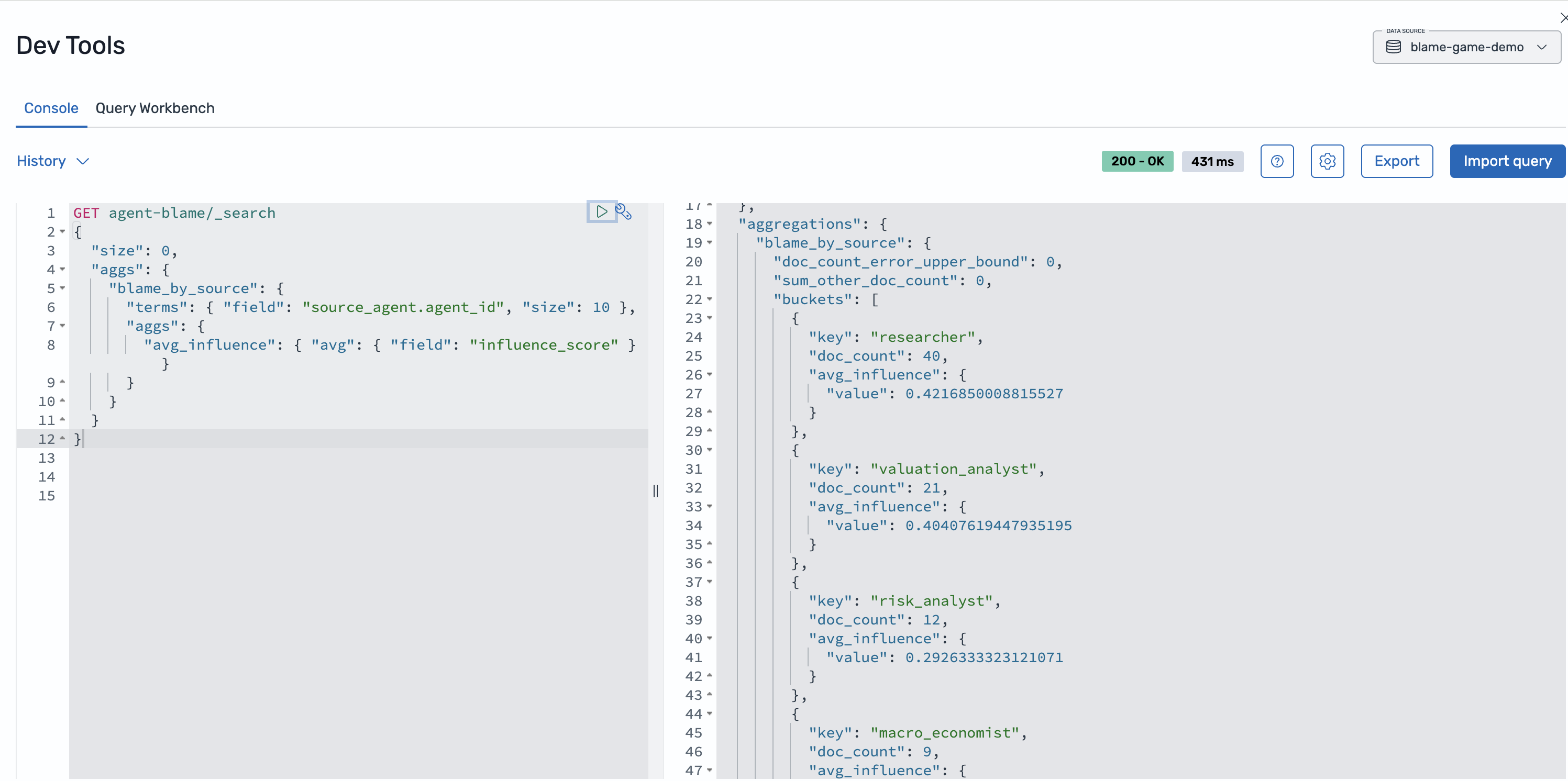 Dev Tools aggregation showing influence edges by source agent; Researcher has the most edges.