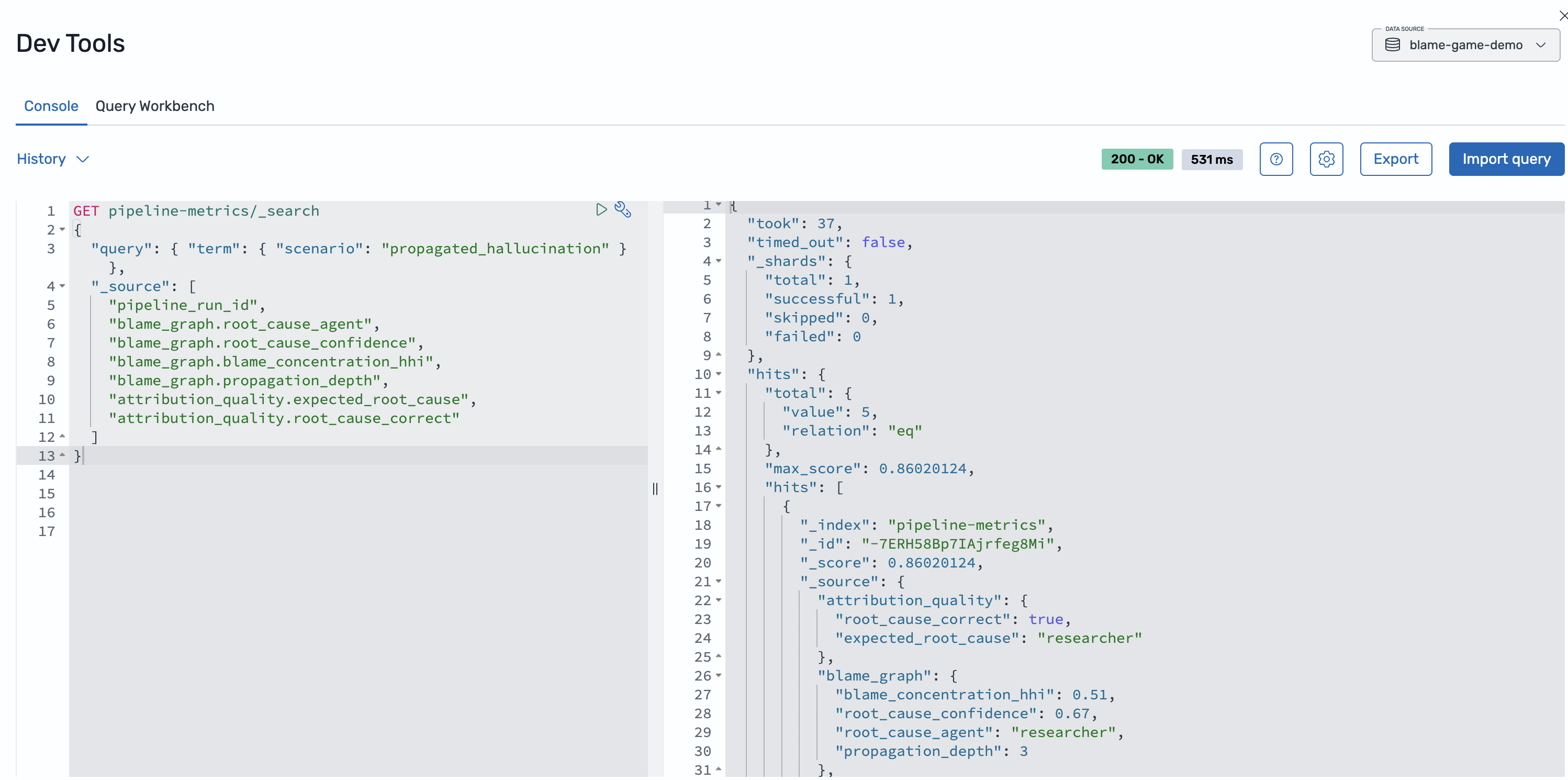 Dev Tools query showing root cause attribution: Researcher at 0.45 for hallucination scenario.