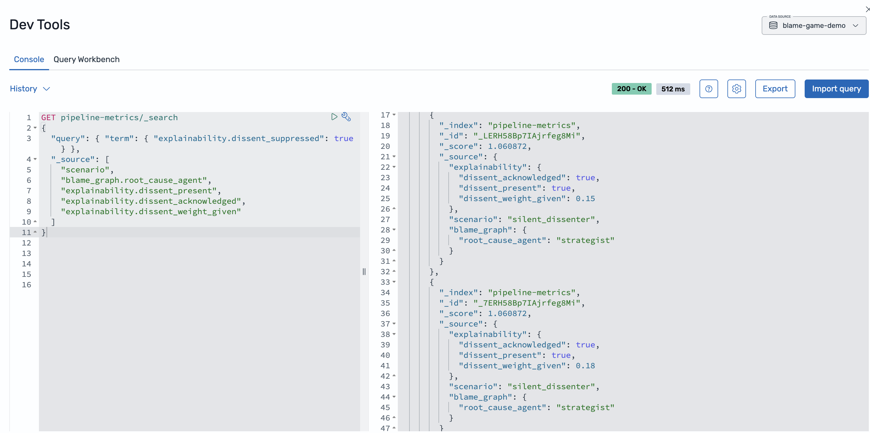 Dev Tools query showing suppressed dissent: dissent_weight_given 0.15, dissent_suppressed true.