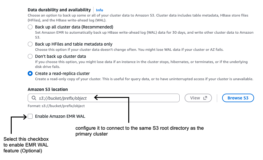 AWS console screenshot showing Amazon EMR data durability and availability configuration options, with “Create a read-replica cluster” option selected and S3 location settings.