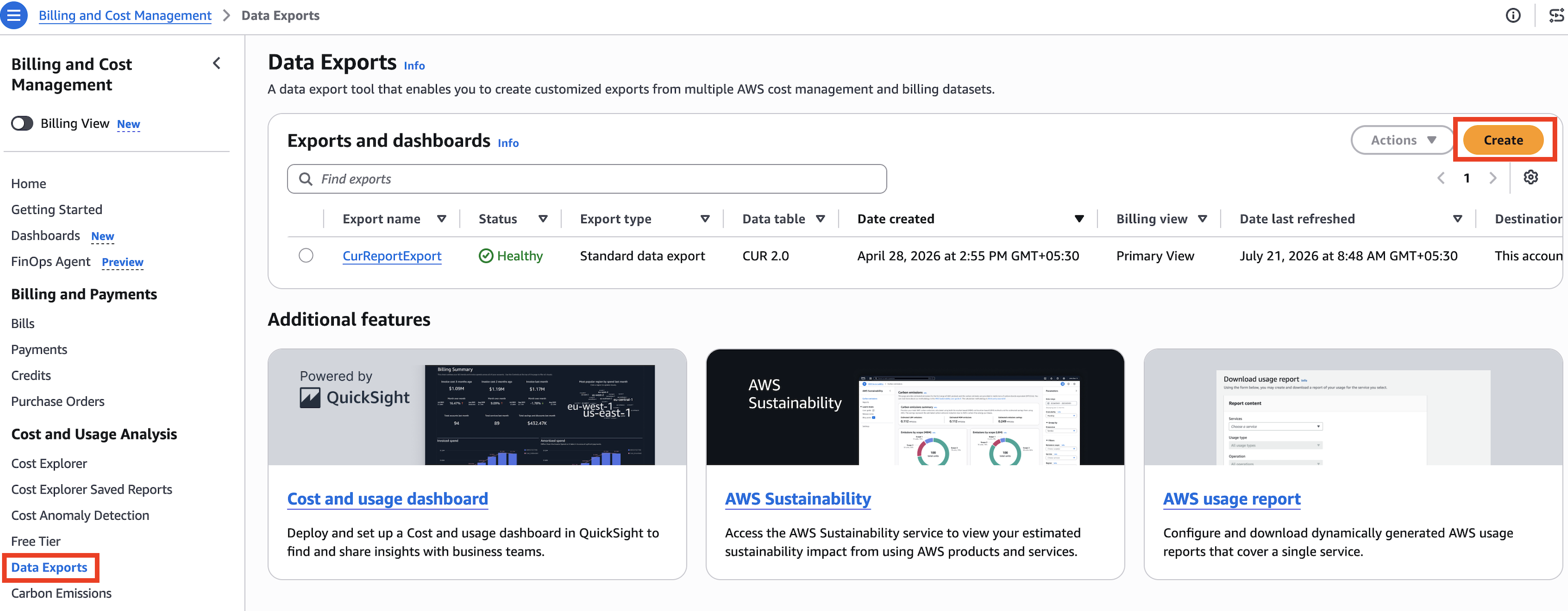 Data Exports console listing existing exports with status, type, and last refresh date