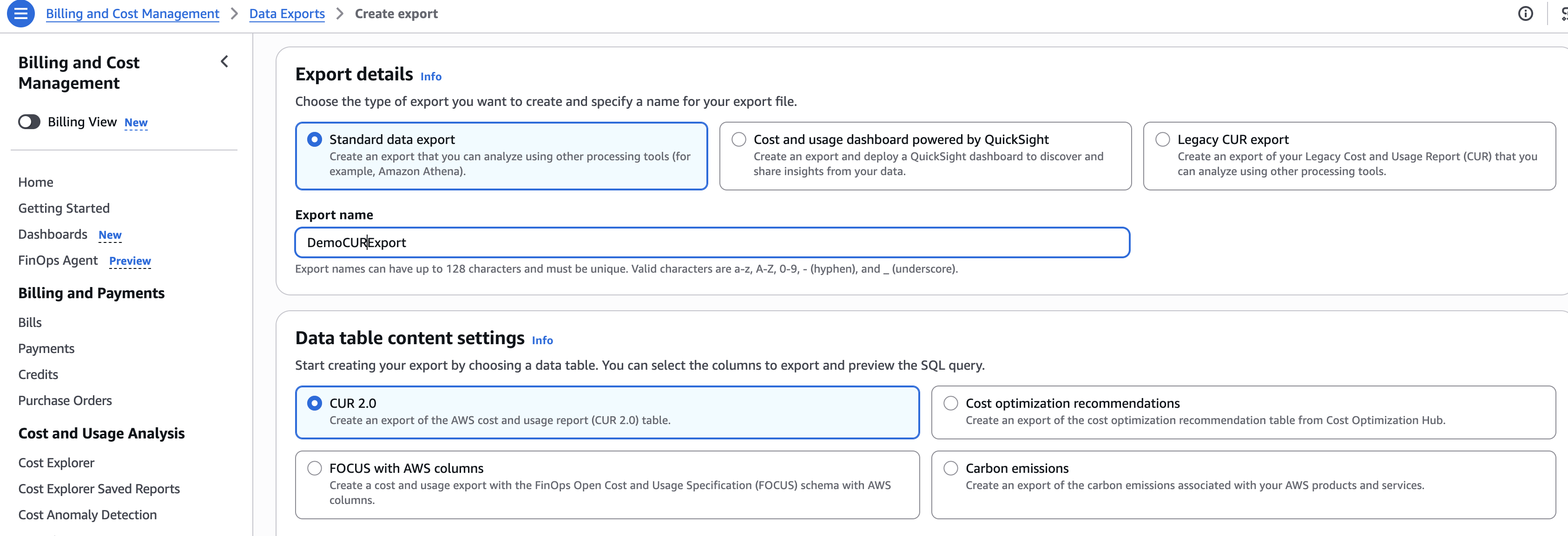 Create export page with Standard data export selected and CUR 2.0 chosen