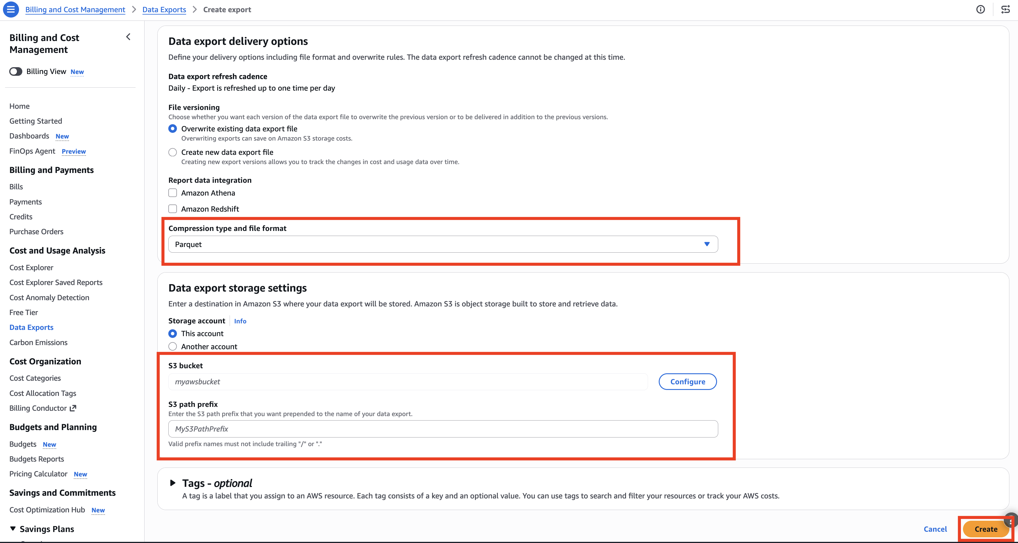 Data export delivery options with Parquet format and the S3 storage destination configured