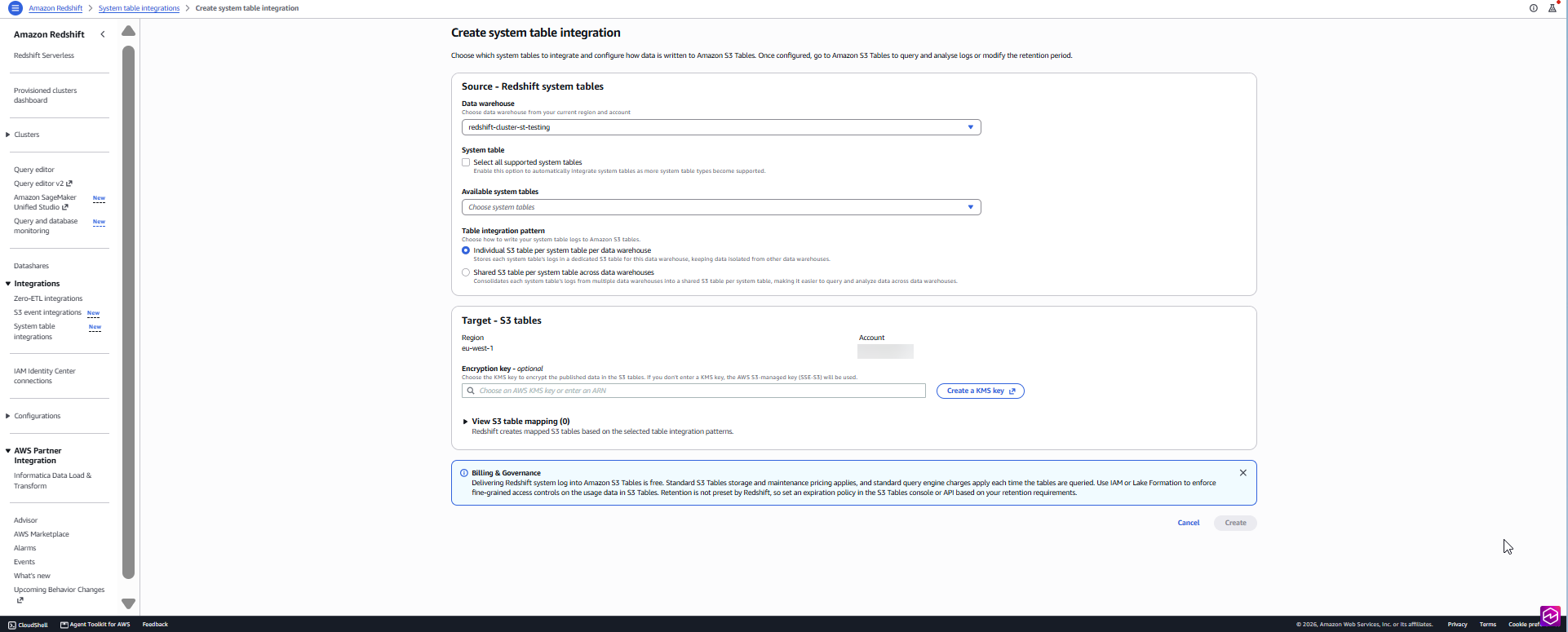 Amazon Redshift console data warehouse selection step in the create System table integration wizard