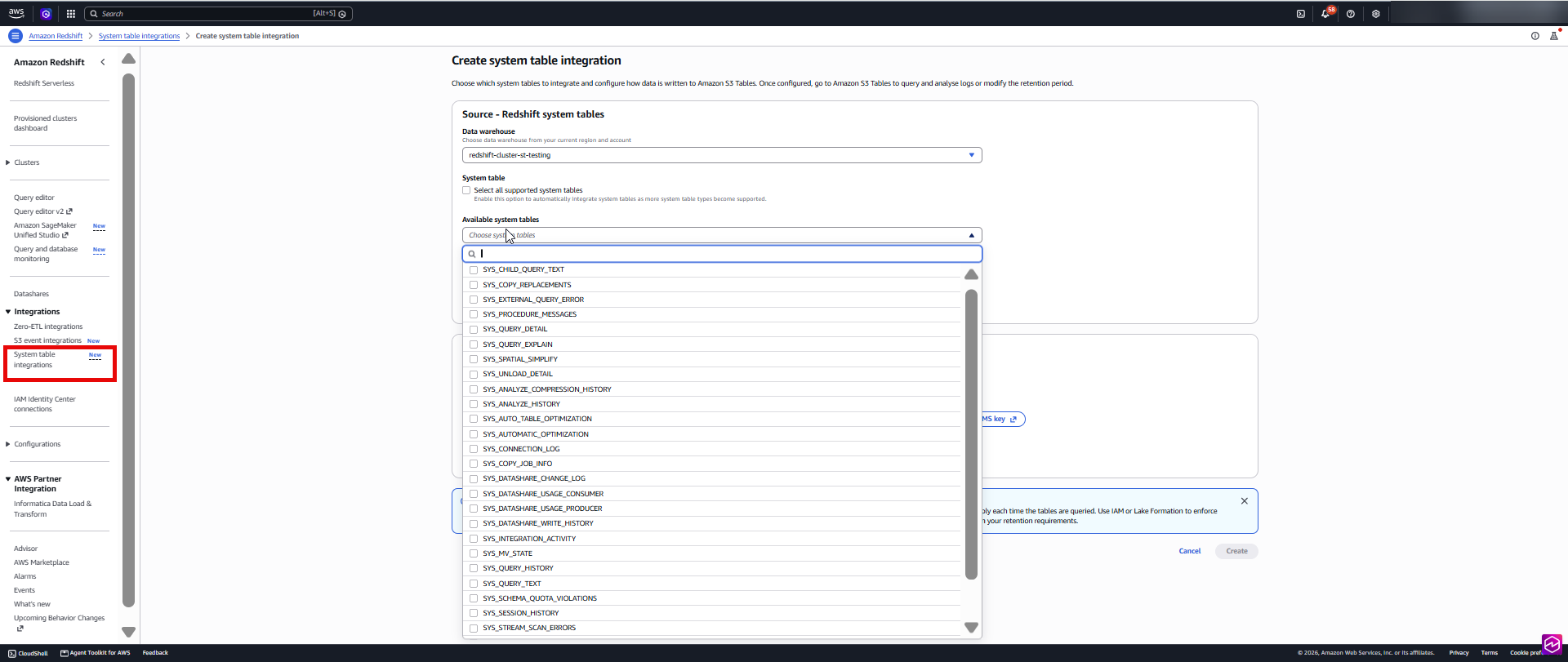 Available system tables list in the System table integration wizard with SYS views selected for publishing