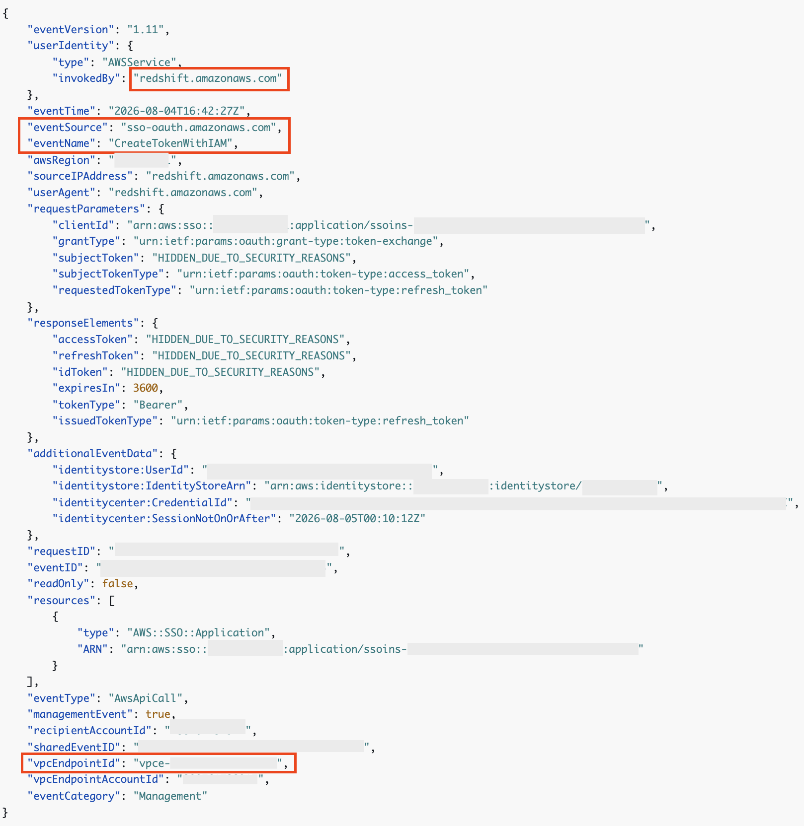 CloudTrail CreateTokenWithIAM event with event source sso-oauth.amazonaws.com and a vpcEndpointId field